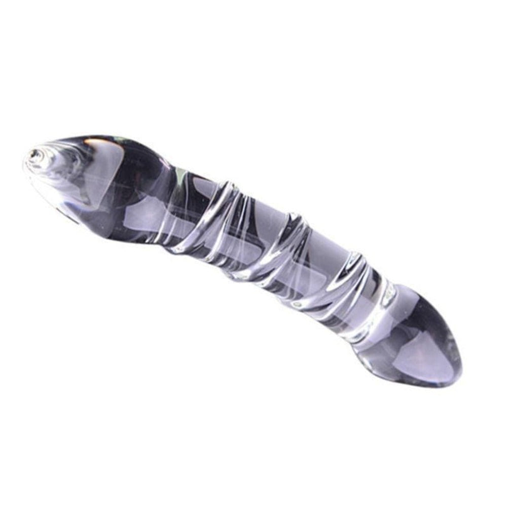 Check out an image of Threaded Glass Ass Massager, a transparent glass massager with swirling threads for sensual stimulation.