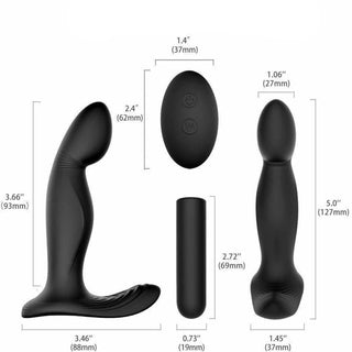 3-Point Prostate Massager in black color with specifications including total length, insertable length, and diameter of key components.