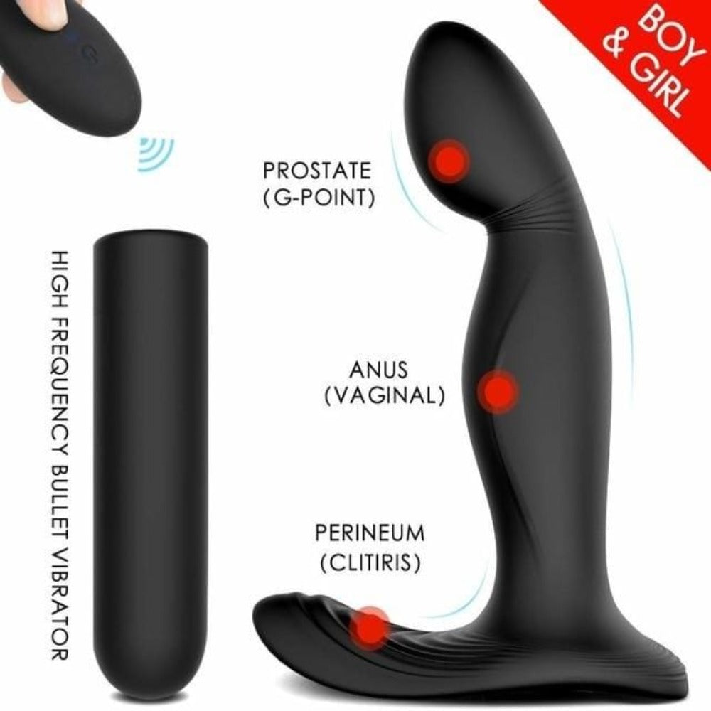A visual representation of 3-Point Prostate Massager with included bullet vibrator and wireless remote control for hands-free pleasure.