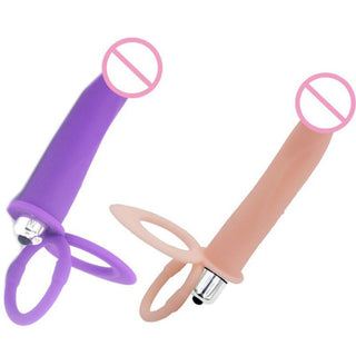 Featuring an image of Erotic Stuffing 6-Inch Penis Sleeve Strapless Strap On Penis Extender in purple and flesh colors.
