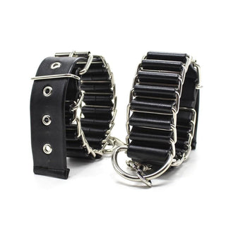 Check out an image of Fancy Black Leather Wrist Restraints with Soft Thigh Ankle Cuffs for intimate play.