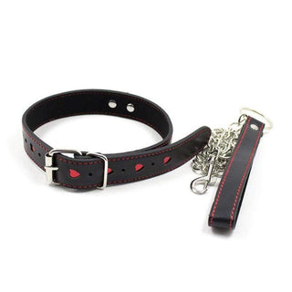 Presenting an image of Total Surrender BDSM Pet Choker Leather Collar Submissive Slave Sex with heart-shaped holes and leash.