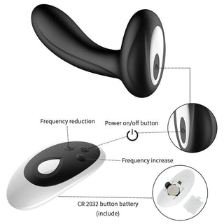 This is an image of a black silicone remote control prostate massager with a length of 5.75 and a width of 1.46.