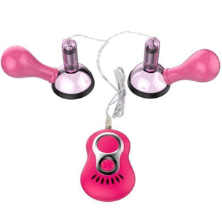 Check out an image of a pink Remote-Controlled Nipple Toy Vibrator with two suction cups and a remote control.