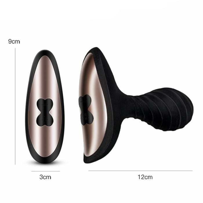 Pictured here is an image of Threaded Waterproof Anal Prostate Massager specifications highlighting color, material, length, and width.