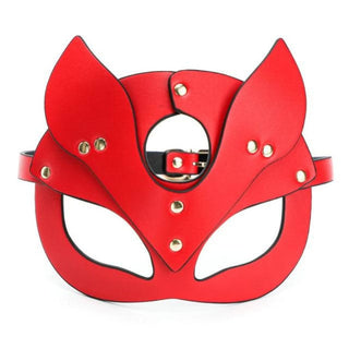 Passion-evoking red mask crafted from synthetic leather for thrilling playtime.