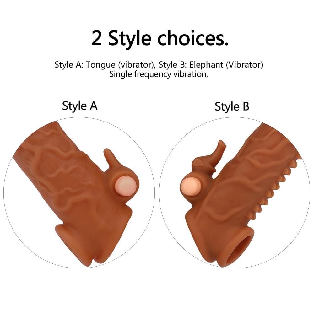 View the brown Wild Sensations Vibrating Penis Extension made from body-safe silicone for a lifelike feel and easy cleaning.