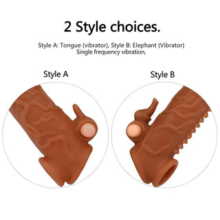 View the brown Wild Sensations Vibrating Penis Extension made from body-safe silicone for a lifelike feel and easy cleaning.