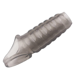 Featuring an image of Enlarger Threaded Open Tip Silicone Penis Sleeve showcasing ribbed texture and ball strap design for enhanced pleasure.