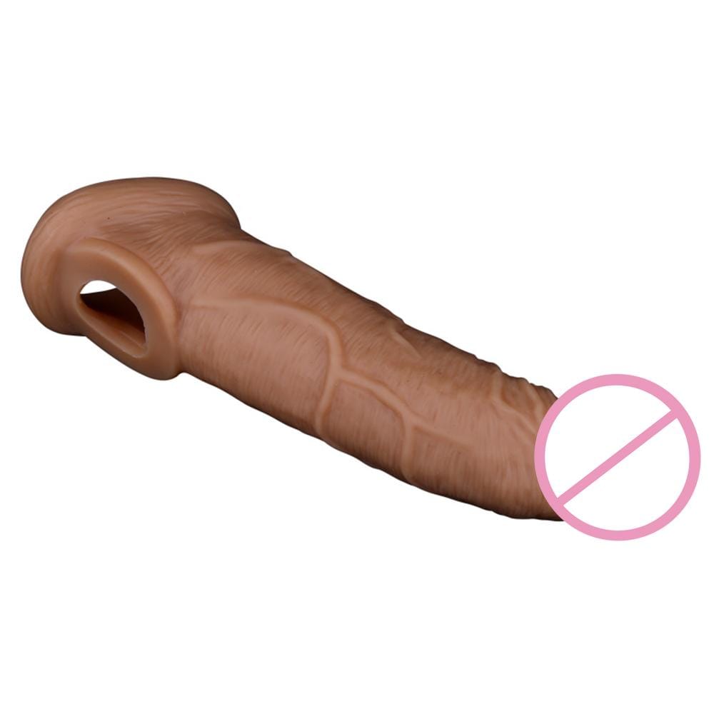 Observe an image of Bigger Aspirations Thick Realistic Cock Sleeve Penis Extender made from high-quality silicone for comfort, safety, and durability.