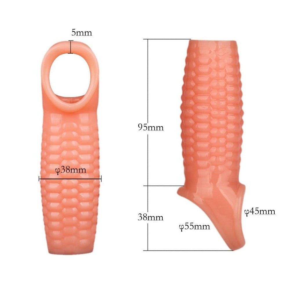 Feast your eyes on an image of Orgasmically-Textured Girthy Hollow Penis Sleeve Extender made of silicone