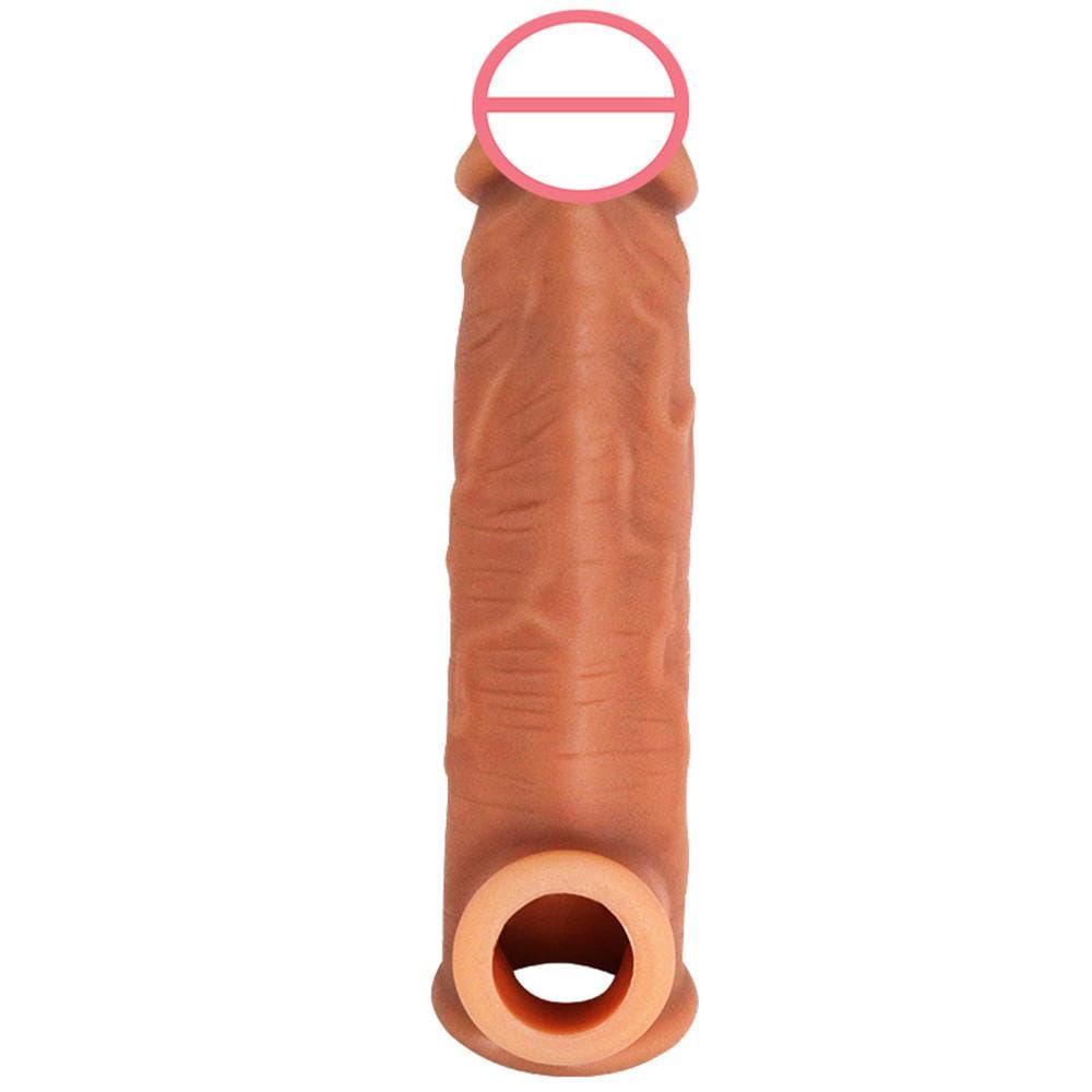 Check out an image of Reusable Silicone Penis Enlargement Sheath in brown color for a natural look.