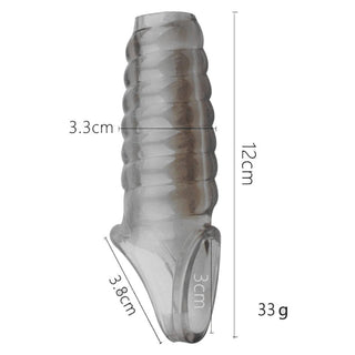 This is an image of Enlarger Threaded Open Tip Silicone Penis Sleeve dimensions: Length - 4.72 inches, Sleeve Width - 1.3 inches, Penis Entrance Width - 1.18 inches, Ball Strap Width - 1.5 inches.