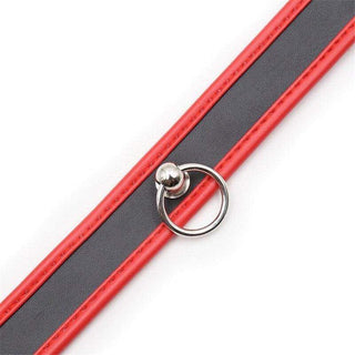 Presenting an image of O Ring Collar Bondage Leather Choker in red color with adjustable strap and O-ring attachment point.