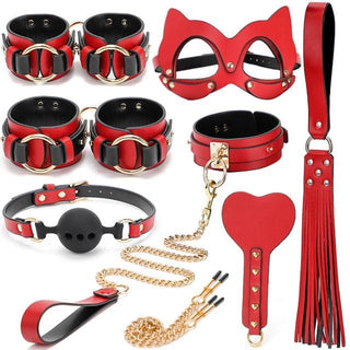 You are looking at an image of BDSM set including cat-inspired eye mask, silicone gag, cuffs, clamps, paddle, and flogger