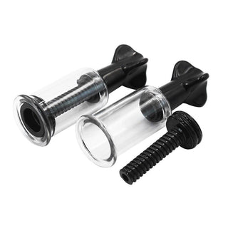 This is an image of Black Manual Toy Titty Suckers, black in color with a clear cylinder for easy monitoring of suction levels.