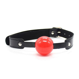 Pictured here is an image of Drool Overload Red Ball Gag in black and red color, made of synthetic leather and soft silicone, with total length of 24.02 inches and strap width of 0.79 inch.