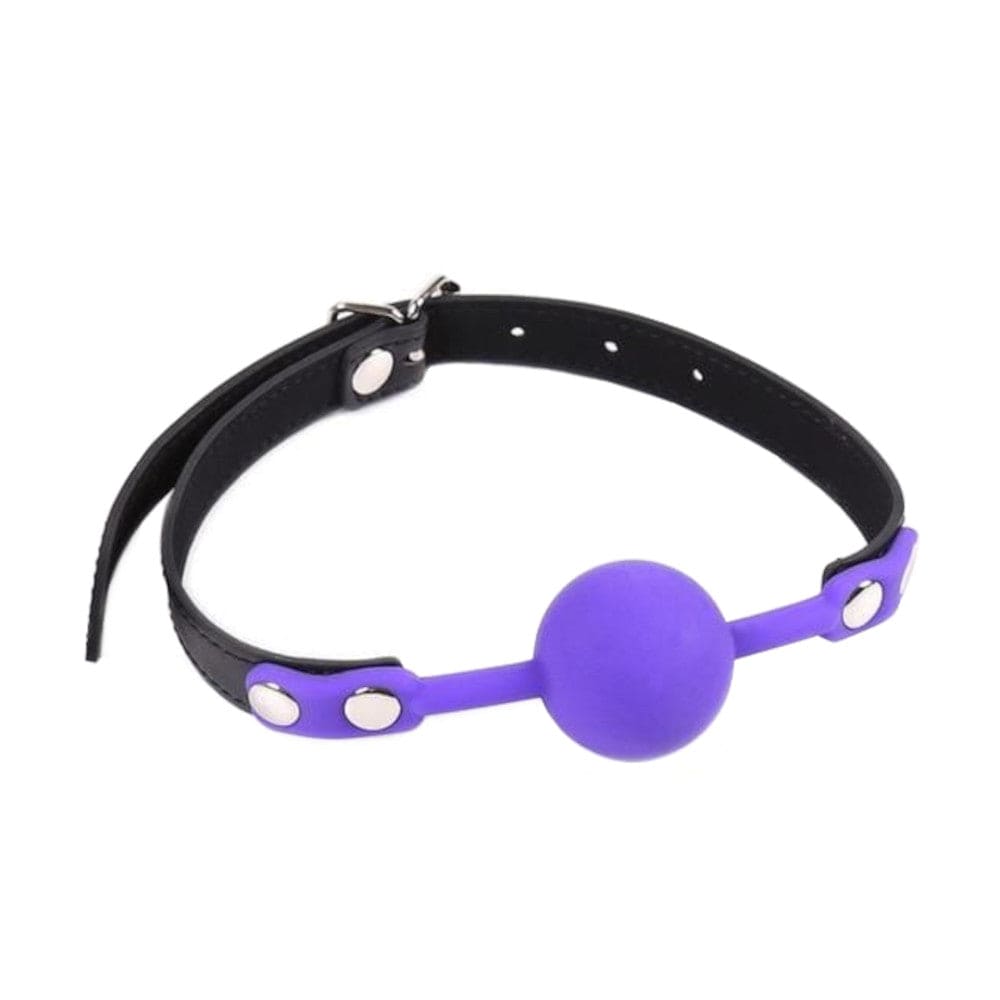 Here is an image of Drool Overload Mouth Gag in purple color with adjustable strap width and phthalate-free silicone ball.