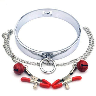 Check out an image of Nipple Punishment Metallic Infinity Collar in silver color with adjustable clamps.