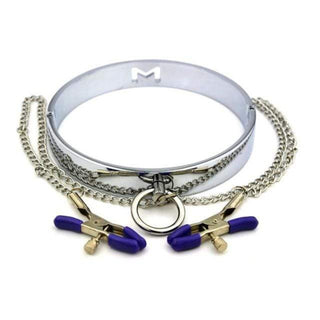 What you see is an image of Nipple Punishment Metallic Infinity Collar in purple color with dangling chains.