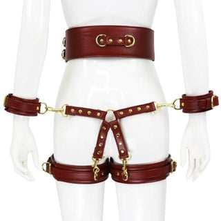 Slave Assault Thigh and Ankle Leather Bondage Belt Strap displayed in pink color.