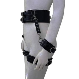 What you see is an image of Slave Assault Thigh and Ankle Leather Bondage Belt Strap in black color.
