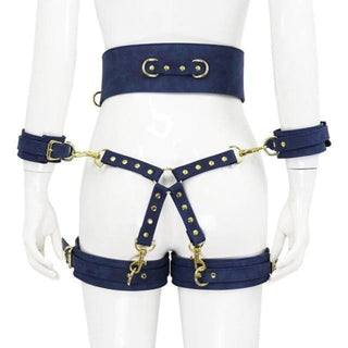 An image showing the craftsmanship of the PU leather and gold-plated metal components in the Slave Assault Thigh and Ankle Leather Bondage Belt Strap.