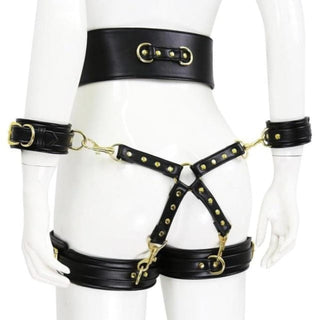 A visual representation of the adjustable dimensions of the Slave Assault Thigh and Ankle Leather Bondage Belt Strap.