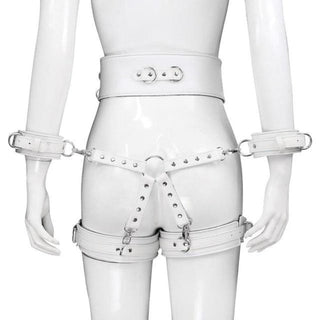 Slave Assault Thigh and Ankle Leather Bondage Belt Strap showcased in blue color.