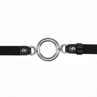 Breath Easy Oral Bondage Accessory image displaying the black PU leather material and hypoallergenic stainless steel rings for comfort and safety.