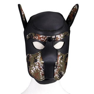 Obedient Canine Pup Hood Bondage mask in black with camouflage details for immersive puppy play experience.