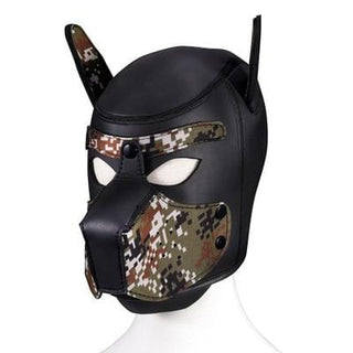 Snug fitting Obedient Canine Pup Hood Bondage mask made of synthetic leather for durable and comfortable play sessions.