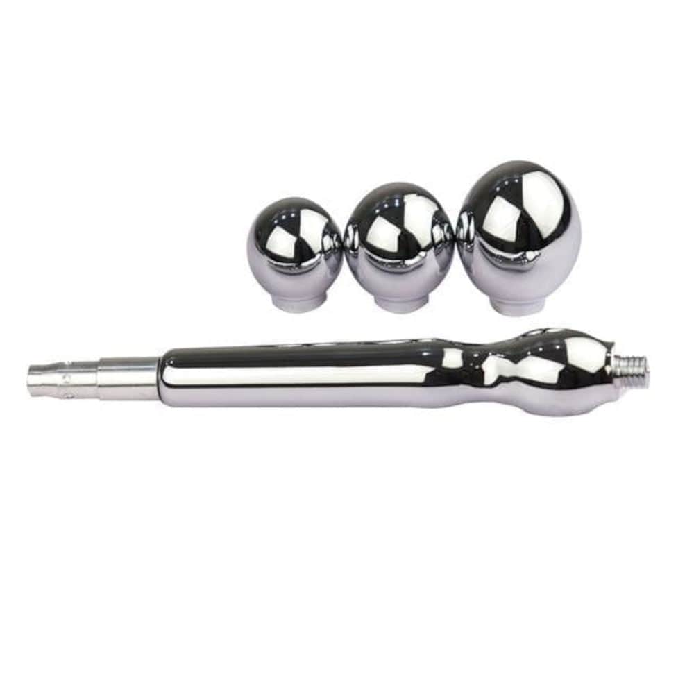 What you see is an image of Take Your Pick Hand Held Sawzall Metal Curved Dildo-Full Set with small, medium, and large bead dimensions included.