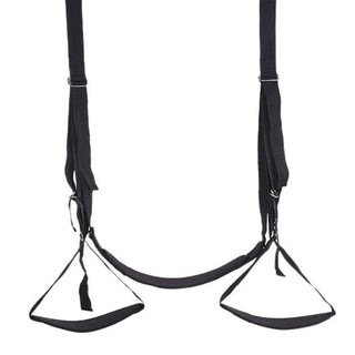 What you see is an image of Secure Door-Mounted Sling Sex Swing showcasing plush and nylon stirrups, adjustable metal fasteners, and padded rope bases for comfort and excitement.