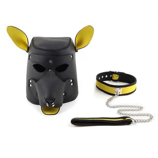 Observe an image of Obedience Mask Training Pup Hood in black and yellow color combination.