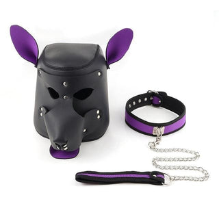 Pictured here is an image of Obedience Mask Training Pup Hood featuring metal rivets and leash.