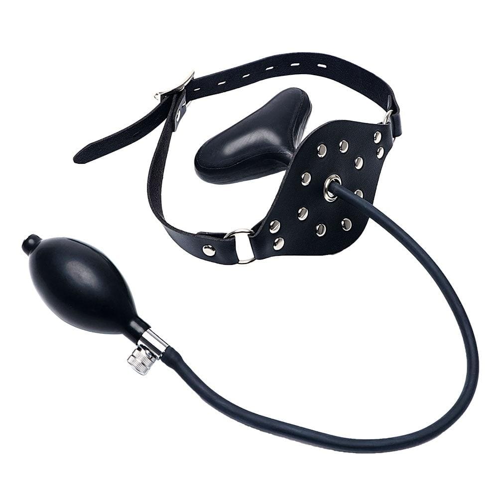 This is an image of high-quality leather inflatable gag for silent submission and control.