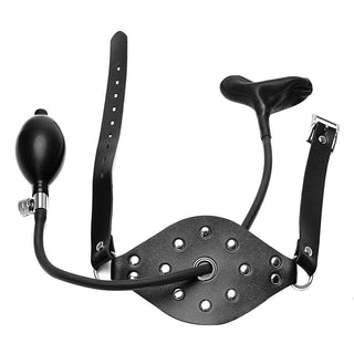 What you see is an image of Badass BDSM Leather Mouth Gag with adjustable inflatable feature for total domination.