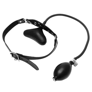Check out an image of black leather BDSM mouth gag with inflatable mouthpiece for custom fit and dominance.