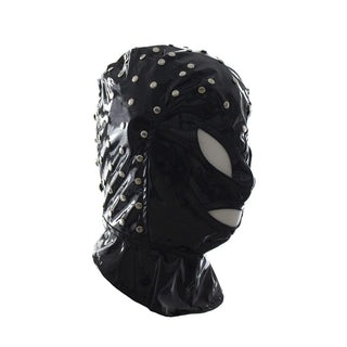 Studded Wet Look BDSM mask featuring adjustable string for secure fit and heightened sensory play.