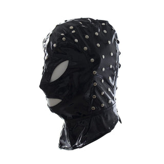 Sleek and durable Studded Wet Look BDSM mask crafted from synthetic leather and metal studs.