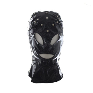 Check out an image of Studded Wet Look BDSM mask with metal studs and synthetic leather material.
