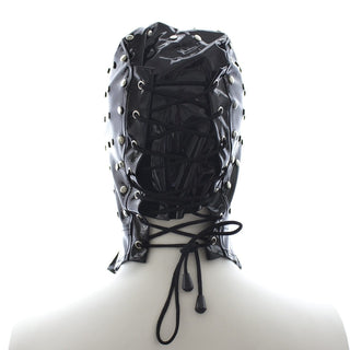 Intimate image of Studded Wet Look BDSM mask designed for sensory deprivation and heightened sensations.