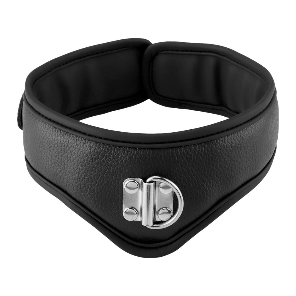 This is an image of Slave Restraint Collar Non O Ring Choker Bondage Submissive Play, featuring a padded PU leather strap and V-shaped front panel.
