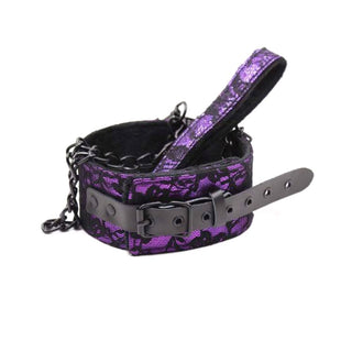 This is an image of Petplay Fetish Choker Purple Kink Collar And Leash set, showcasing the elegant collar measuring 17.32 in length and 2.17” in width, along with a leash chain of 41.34 and a 6.10 handle.
