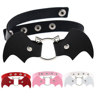 What you see is an image of Vampire Bat Fetish Collar in Black PU Leather with adjustable rivet snap fasteners.