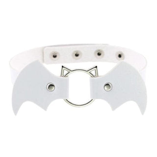 This is an image of the Vampire Bat Fetish Collar in White PU Leather, symbolizing purity with a touch of kink.