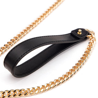 An image showcasing the exquisite black leather collar and gold-plated chain for elegant play.