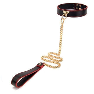 This is an image of the adjustable leather collar with a gold-plated chain measuring 30.71 inches.