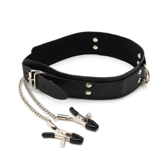 Presenting an image of Collar Slave Punishment Collar With Nipple Clamps, featuring metal studs and clothespin-like clamps for intense sensations.